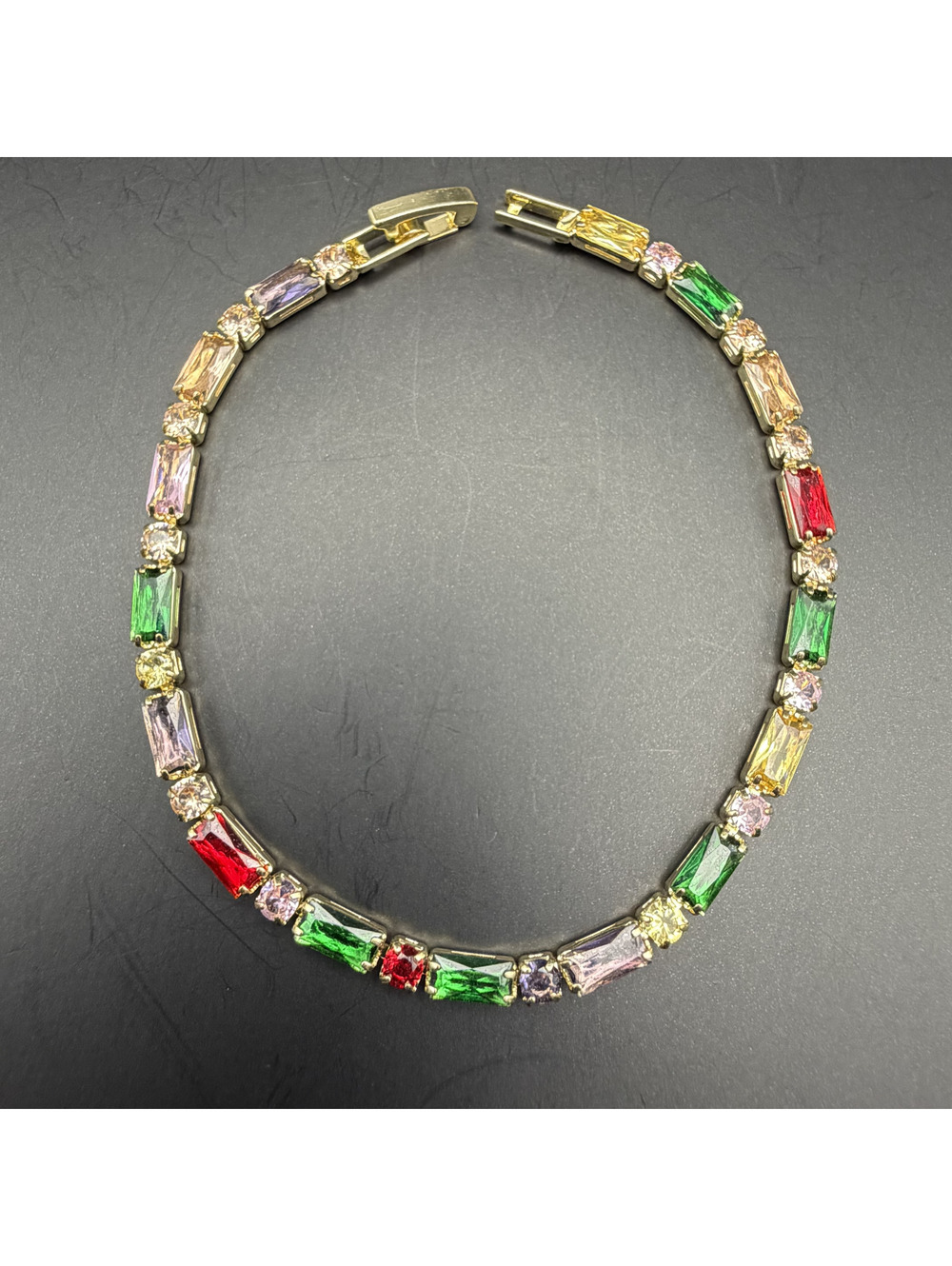 candy+clover multicolor baguette gold tone tennis bracelet